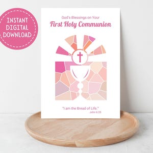 Printable First Holy Communion Card, God's Blessings, Instant Digital Download, Holy Eucharist, Chalice and Host, Catholic Sacrament, 5"x7"