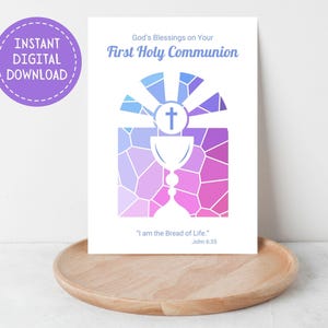 Printable First Holy Communion Card, God's Blessings, Instant Digital Download, Holy Eucharist, Chalice and Host, Catholic Sacrament, 5"x7"