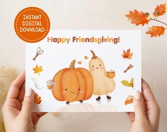Happy Friendsgiving Printable Thanksgiving Greeting Card, Cute Thanksgiving Card for Friends, Instant Download PDF Card, Pumpkin, Squash
