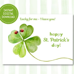 Biglietto di auguri Happy Patrick's Day stampabile 7"x5" con quadrifoglio ad acquerello, download digitale immediato, biglietto per amici e persone care