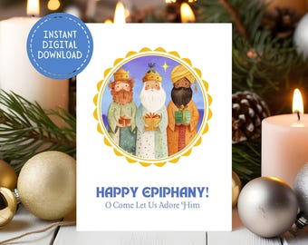 Happy Epiphany Printable Greeting Card, Instant Download, 5x7, We Three Kings, Los Tres Reyes, Three Wise Men, Los Reyes Magos