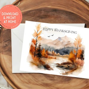 Cartão de paisagem de outono em aquarela para impressão de feliz dia de ação de graças, 7" x 5", download digital instantâneo, cartão de felicitações para o feriado de ação de graças