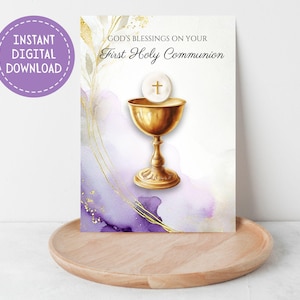 Printable Catholic First Holy Communion Card, Instant Digital Download, Holy Eucharist, Sacred Chalice and Host, Catholic Sacrament, 5"x7",