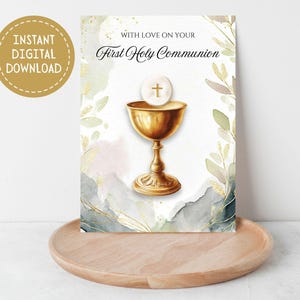 Printable Catholic First Holy Communion Card, Instant Digital Download, Holy Eucharist, Sacred Chalice and Host, Catholic Sacrament, 5"x7",