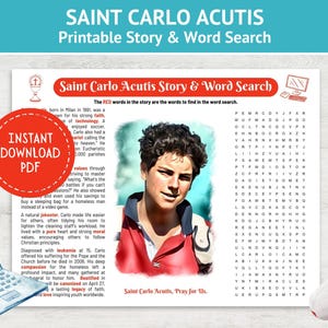 Druckbare Saint Carlo Acutis Geschichte und Wortsuche, sofortiger digitaler Download, katholischer Heiliger, katholisch christliche Spiele
