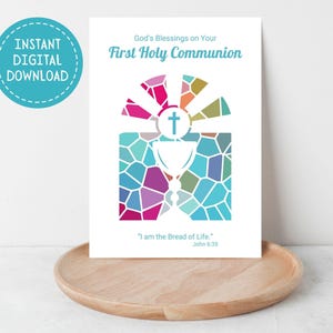 Printable First Holy Communion Card, God's Blessings, Instant Digital Download, Holy Eucharist, Chalice and Host, Catholic Sacrament, 5"x7"