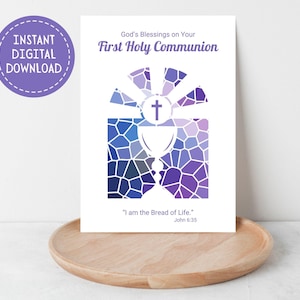 Printable First Holy Communion Card, God's Blessings, Instant Digital Download, Holy Eucharist, Chalice and Host, Catholic Sacrament, 5"x7"