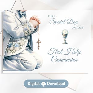 Printable First Holy Communion Card for Boys, Catholic Sacrament, Instant Digital Download, 7"x5", Holy Eucharist, Chalice and Host