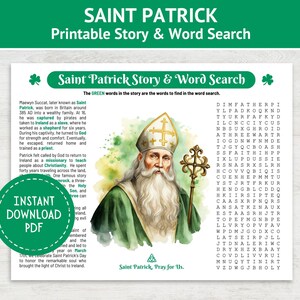 Druckbare St. Patrick Geschichte und Wortsuche, sofortiger digitaler Download, katholische Heilige, St. Patrick's Day, katholische christliche Spiele
