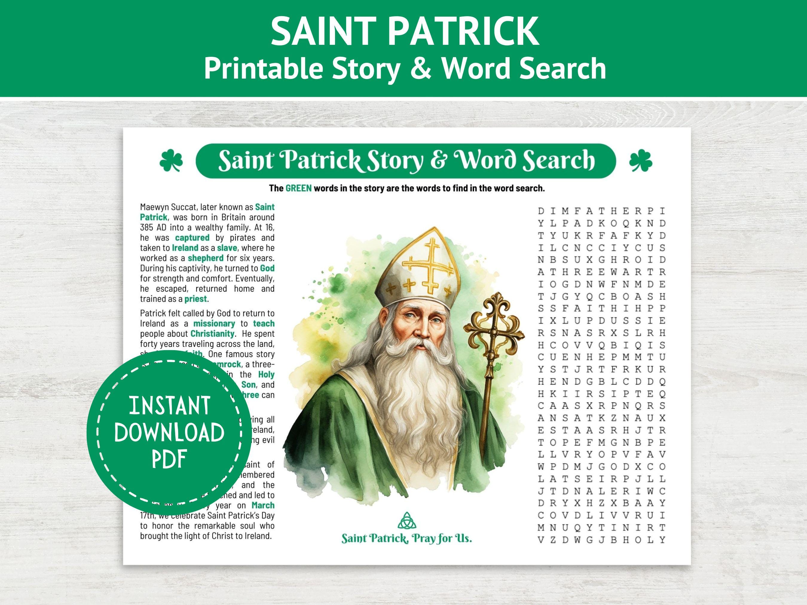 Printable Saint Patrick Story and Word Search, Instant Digital Download, Catholic Saints, Saint Patrick's Day, Catholic Christian games