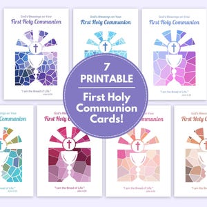 7 Printable First Holy Communion Cards, Instant Digital Download, Holy Eucharist, Chalice and Host, Catholic Sacrament, 5"x7", Stained Glass