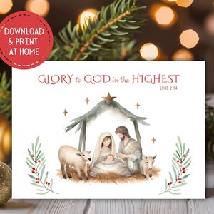 Cartão de Natal para impressão Glória a Deus nas Alturas, download instantâneo, 7x5, Sagrada Família, versículo cristão, cartão de felicitações para o feriado
