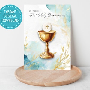 Printable First Holy Communion Card, Instant Digital Download, Holy Eucharist, Sacred Chalice and Host, Catholic Sacrament, 5"x7"