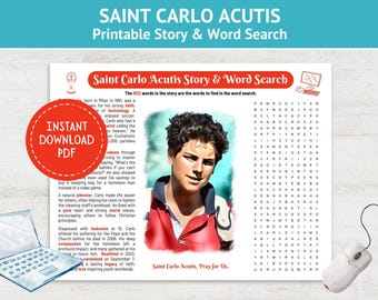 Printable Saint Carlo Acutis Story and Word Search, Instant Digital Download, Catholic Saint, Catholic Christian Games, September 7, 2025