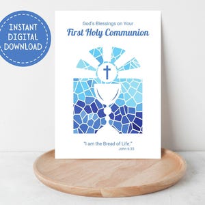 Première carte de communion imprimable, bénédictions de Dieu, téléchargement numérique instantané, Eucharistie, calice et hostie, sacrement catholique, 5 x 7 pouces