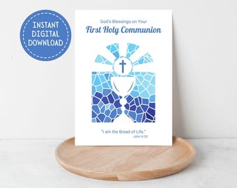 Printable First Holy Communion Card, God&#39;s Blessings, Instant Digital Download, Holy Eucharist, Chalice and Host, Catholic Sacrament, 5&quot;x7&quot;