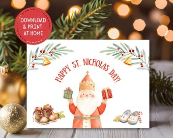 Happy Saint Nicholas Day Printable Watercolor Card, Instant Download, 7x5, Catholic Advent Season, Feast of St. Nicholas, St. Nick&#39;s Day