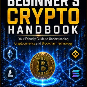 Könnte beinhalten: Ein Buch mit dem Titel The Beginner's Crypto Handbook von CryptoMikeMyers. Das Cover zeigt ein großes goldenes Bitcoin-Symbol, das über einem leuchtend blauen digitalen Netzwerk-Hintergrund zentriert ist, umgeben von verschiedenen Kryptowährungs-Logos in sechseckigen Rahmen.