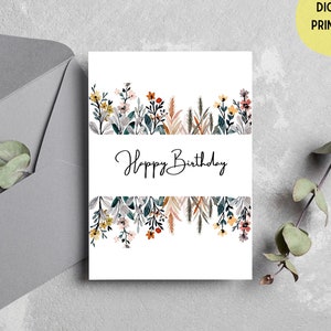 Blumen Geburtstagskarte | Geburtstag Grußkarte | Happy Birthday Karte | Aquarell Blumen Bordüre Geburtstagskarte | Druckbare Geburtstagskarte