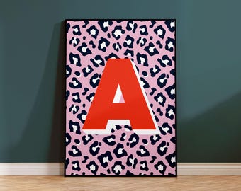 Initial Print | Leopard Print Background | A6/A5/A4/A3/A2/A1 | Colourful Personalised Print | Home/Living/Nursery Art | Unframed Art Print