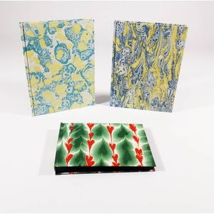 Può includere: Tre libri con copertina rigida con copertine decorative. Due libri presentano motivi marmorizzati in giallo, blu e bianco. Il terzo libro presenta un motivo a foglie e cuori verdi e rossi. I libri sono esposti su una superficie bianca.