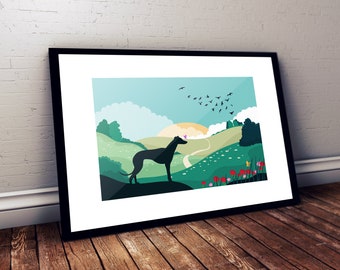 FREE UK SHIPPING - Greyhound Whippet Italian Dog Poster, Dog Prints, Nature Posters, Decor Decoration, Colourful Poster, Silhouettes
