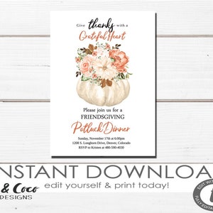 Potluck Thanksgiving Invite, Friendsgiving Potluck, Potluck Invite, Editable template, Instant Download, Printable, Digital  _c002