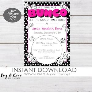 Bunco Party Invitation, Printable Bunco Invitation,  | Template, c243 c244