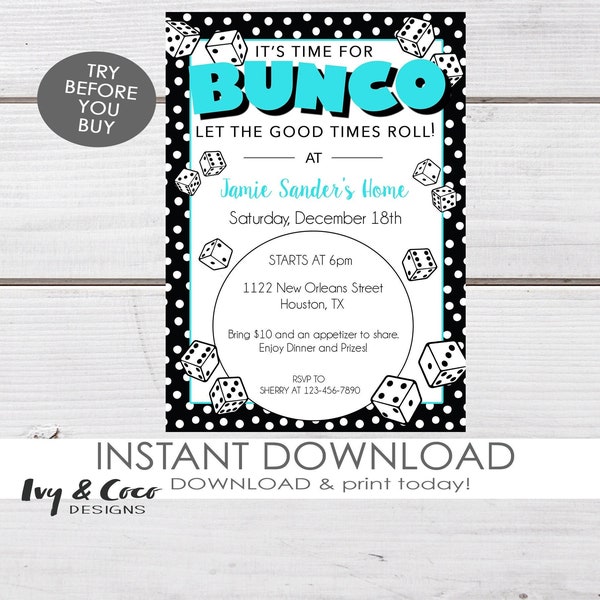 Bunco Party Invitation, Printable Bunco Invitation,  | Template, c243 c244