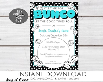 May include: A black and white printable invitation with white polka dots on a black background. The invitation is for a Bunco game at Jamie Sander's home on Saturday, 18th December at 6pm. The address is 1122 New Orleans Street, Houston, TX. Guests are asked to bring £10 and an appetizer to share. RSVP to Sherry at 123-456-7890.