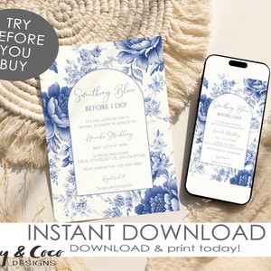 Something Blue Invitation Template Vintage Floral Bridal Shower French Toile de Jouy Blue Wedding Shower _1408