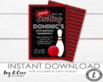 Inbjudan till Strike Bowling direkt nedladdning, Bowlingfödelsedagsinbjudan, Pojkars Bowlingfödelsedagsfest, Strike Bowlinginbjudan, Bowlingfest