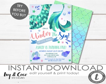 May include: A printable invitation for a mermaid-themed birthday party. The invitation features a watercolour illustration of a mermaid tail with green and blue scales, surrounded by bubbles and stars. The text reads "Join us Under the Sea! Our Little Mermaid Ashley is Turning Five!" with details about the party date, time, location, and RSVP information.