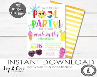 Swimming Birthday Party Invitation, Pool Party Invitation , Instant download pool party,  Swimming Birthday Party Invitation, Template c103