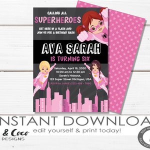 Girl Superhero invitation Instant Download, Girl superhero birthday party invitation template, Templett _c031
