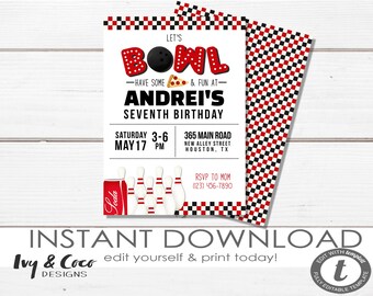 Bowling and Pizza Invitation Instant Download, Bowling Birthday Party Invitation, Bowling Party, ic10