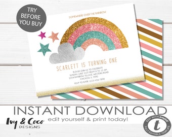 Rainbow Birthday Invitation - Kids Birthday Invite - Instant Editable Digital Download,  c191