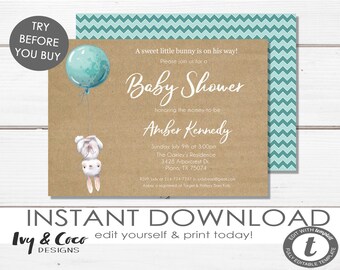 Bunny Baby Shower Invitation template, DIY, Baby Boy Shower Invitation, Instant Download, Editable, Digital Invitation, c075