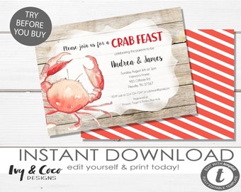 May include: A printable invitation for a crab feast, featuring a watercolor illustration of a red crab on a woodgrain background. The invitation text reads "Please join us for a Crab Feast celebrating the parents-to-be Andrea & James".