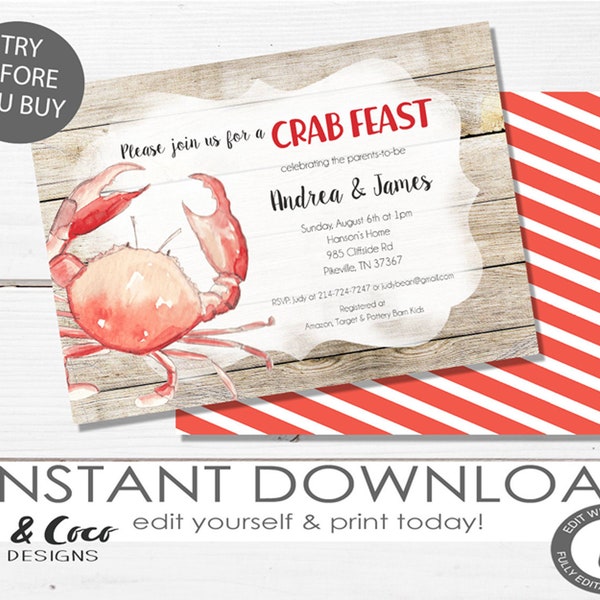 Crab Boil Invitation Instant Download, Egnagement Crab Feast, Editable, Any occasion, Shower, Birthday, Neighborhood, Template, c183