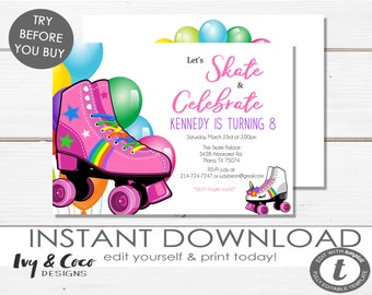 May include: A pink and rainbow roller skate birthday party invitation with the text "Let's Skate & Celebrate Kennedy is Turning 8". The invitation includes details for the party, including the date, time, location, and RSVP information.