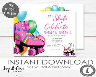 Skating Birthday Invitation Template, DIY, Skate Party Invitation Instant Download,  Girl Rollar Skate party _1340