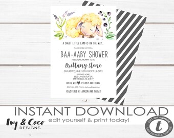 Lamb Baby Shower Instant Download, Gender Neutral Baby Shower Invitation Digital Download, Instant Download c042