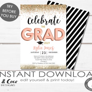 Grad Party Invitation Instant Download Template, Rose Gold Graduation Party Invite, DIY Instant Download DIY Templett, c122