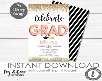 Grad Party Invitation Instant Download Template, Rose Gold Graduation Party Invite, DIY Instant Download DIY Templett, c122