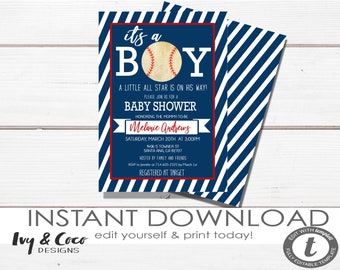 May include: A blue and white striped baby shower invitation with a red border. The invitation says "It's a Boy" with a baseball graphic. The text also includes the date, time, and location of the shower, as well as the name of the mother-to-be, Melanie Andrews.