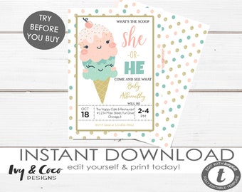 Eiscreme Gender Reveal Party-Einladung, Gender Reveal Einladung, Eiscreme-Einladung, Instant Download, c211