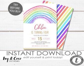 Rainbow Girl Birthday Invitation Instant Download, Editable Rainbow Birthday Party, Template, Instant Download, Template, c189