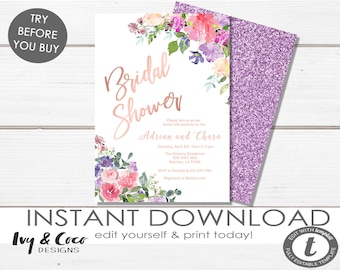 Floral Bridal Shower Invitation Instant Download, Printable Bridal Shower, Rose gold Invitation, Digital download, diy, c156