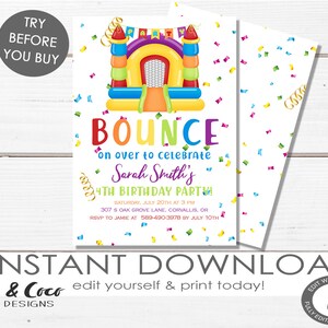 Bounce House Birthday Invitation, Bounce Party Invite, Jumping Birthday, Jump Party, Printable, Editable Template, Instant Download, c110